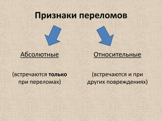 Признаки переломов

Абсолютные

Относительные

(встречаются только
при переломах)

(встречаются и при
других повреждениях)

 