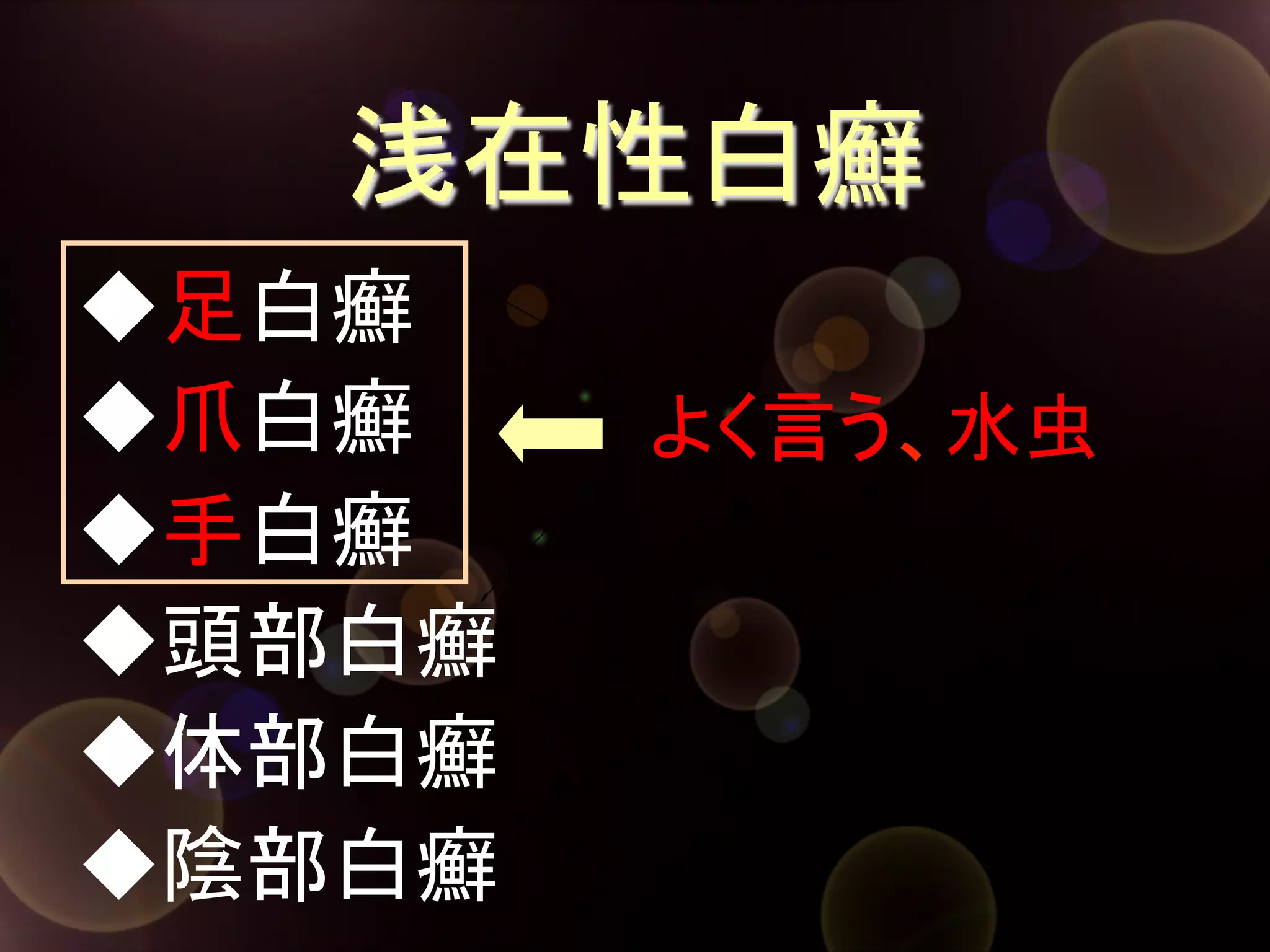 浅在性白癬	
◆足白癬	
◆爪白癬	
◆手白癬	
◆頭部白癬	
◆体部白癬	
◆陰部白癬	

よく言う、水虫	

 