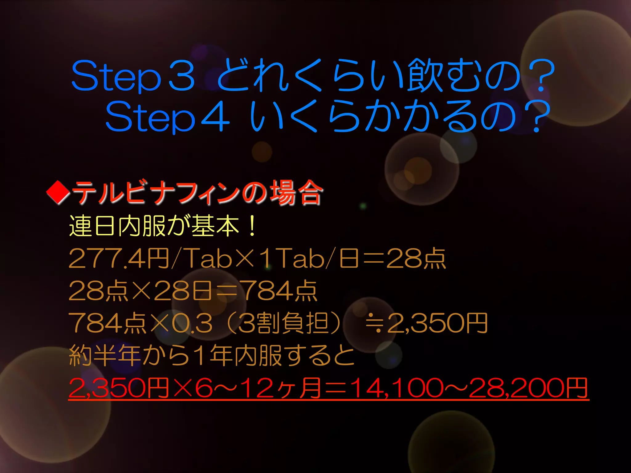 Step３  どれくらい飲むの？
Step４  いくらかかるの？
◆テルビナフィンの場合	
　連日内服が基本！
　277.4円/Tab×1Tab/日＝28点
　28点×28日＝784点
　784点×0.3（3割負担）  ≒2,350円
　約半年から1年内服すると
　2,350円×6～12ヶ月＝14,100～28,200円

 
