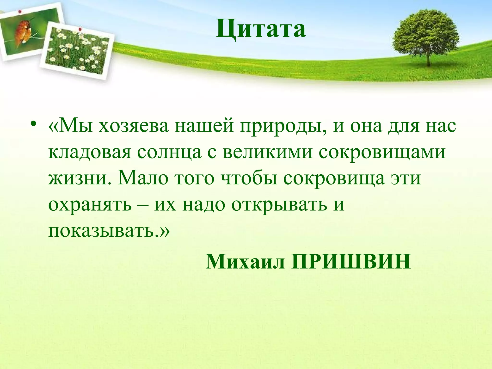 Цитата
• «Мы хозяева нашей природы, и она для нас
кладовая солнца с великими сокровищами
жизни. Мало того чтобы сокровища эти
охранять – их надо открывать и
показывать.»
Михаил ПРИШВИН

 