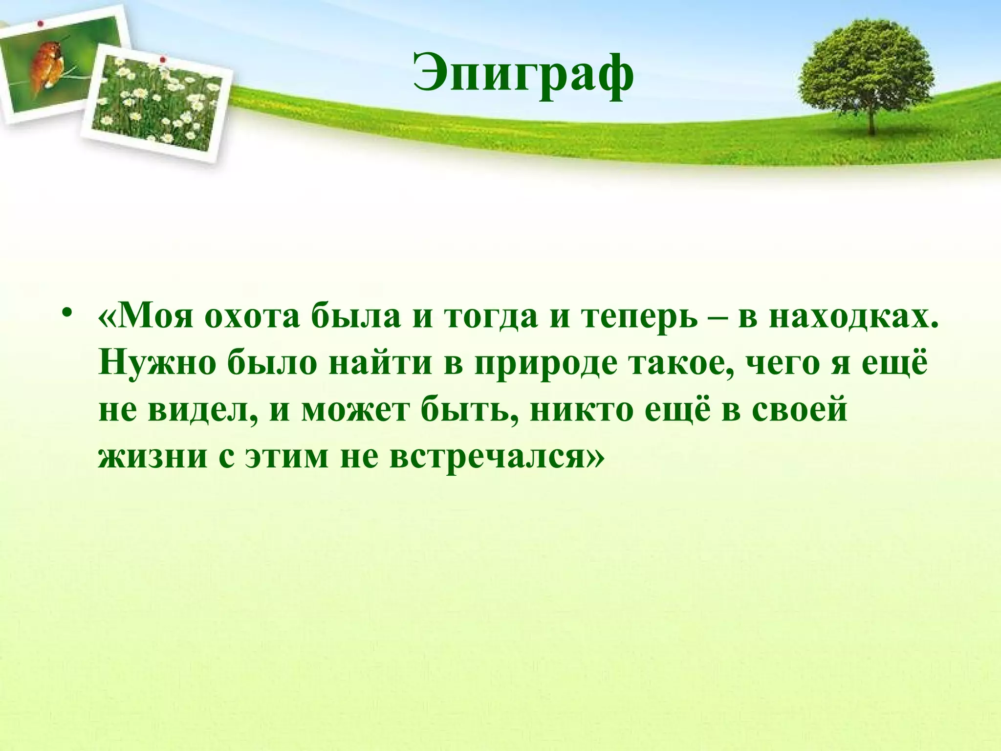 Эпиграф

• «Моя охота была и тогда и теперь – в находках.
Нужно было найти в природе такое, чего я ещё
не видел, и может быть, никто ещё в своей
жизни с этим не встречался»

 