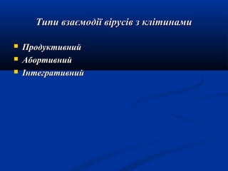 Типи взаємодії вірусів з клітинами




Продуктивний
Абортивний
Інтегративний

 