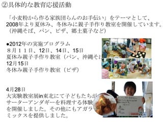 ②具体的な教育応援活動

「小麦粉から作る家族団らんのお手伝い」をテーマとして、
2008年より夏休み、冬休みに親子手作り教室を開催しています。
（沖縄そば、パン、ピザ、郷土菓子など）
●2012年の実施プログラム
８月１１日、12日、14日、...