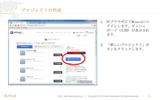 ץȤ
1. PC֥饦ˤMonaca˥
󤷤ޤå
ܩ`ɣʾ
ޤ
2. ¤ץȡ
򥯥åޤ

URL : http://www.asial.co.jp/  Copyright ? 2013 Asial Corporation. All Rights Reserved.



10

 