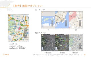 ο؇Υץ
`٥

0

7

18

؇Υ

zoom: 14,
center: latlng,
mapTypeId: ROADMAP
SATELLITE

HYBRID

TERRAIN

URL : http://www.asial.co.jp/  Copyright ? 2013 Asial Corporation. All Rights Reserved.



20

 