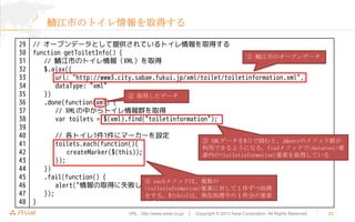 ФΥȥȡä
29
30
31
32
33
34
35
36
37
38
39
40
41
42
43
44
45
46
47
48

// `ץǩ`ȤṩƤȥȡä
function getToiletInfo() {
 ФΥ`ץǩ`
// ФΥȥXMLȡ
$.ajax({
url: "http://www3.city.sabae.fukui.jp/xml/toilet/toiletinformation.xml",
dataType: "xml"
})
 ȡäǩ`
.done(function(xml) {
// XMLФȥȺȡ
var toilets = $(xml).find("toiletinformation");
// ȥ11˥ީ``O
toilets.each(function(){
createMarker($(this));
});

}

 XMLǩ`$()ǇȡjQueryΥ᥽åȺ
äǤ褦ˤʤ롣find᥽åɤ<dataroot>Ҫ
ڤ<toiletinformation>ҪؤȡäƤ

})
.fail(function() {
 each᥽åɤϡ}
alert("ȡäʧޤ");
<toiletinformation>ҪؤˌƣĄI
});
򤹤롣$(this)ϡFڄIФΣ֤Ҫ

URL : http://www.asial.co.jp/  Copyright ? 2013 Asial Corporation. All Rights Reserved.



23

 