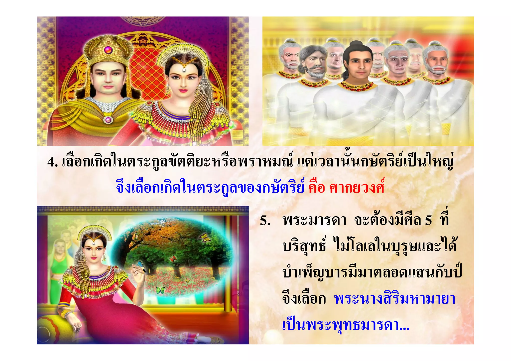 4. เลือกเกิดในตระกูลขัตติยะหรือพราหมณ แตเวลานั้นกษัตริยเปนใหญ
จึงเลือกเกิดในตระกูลของกษัตริย คือ ศากยวงศ
5. พระมารดา จะตองมีศีล 5 ที่
บริสุทธ ไมโลเลในบุรุษและได
บําเพ็ญบารมีมาตลอดแสนกับป
จึงเลือก พระนางสิริมหามายา
เปนพระพุทธมารดา...
ธมารดา...

 