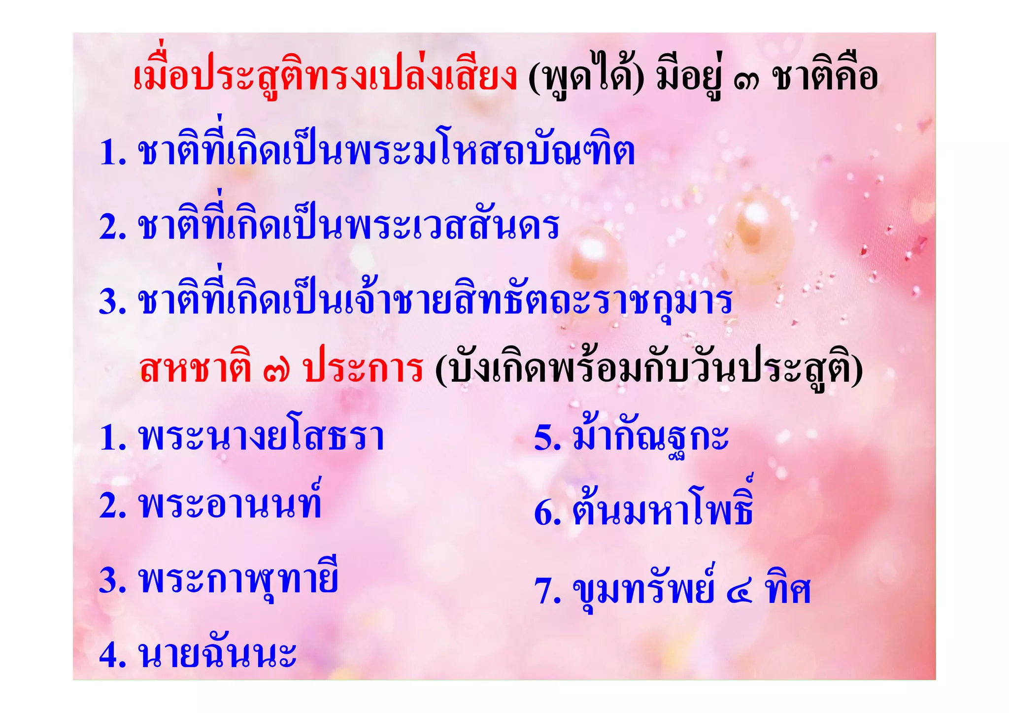 เมื่อประสูติทรงเปลงเสียง (พูดได) มีอยู ๓ ชาติคือ
1. ชาติที่เกิดเปนพระมโหสถบัณฑิต
2. ชาติที่เกิดเปนพระเวสสันดร
3. ชาติที่เกิดเปนเจาชายสิทธัตถะราชกุมาร
สหชาติ ๗ ประการ (บังเกิดพรอมกับวันประสูติ)
1. พระนางยโสธรา
5. มากัณฐกะ
2. พระอานนท
6. ตนมหาโพธิ์
3. พระกาฬุทายี
7. ขุมทรัพย ๔ ทิศ
4. นายฉันนะ

 