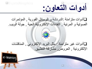 ‫أدوات‬
‫التعاون‬
:

‫متزامنة‬ ‫أدوات‬
:
‫الفورية‬ ‫الرسائل‬ ‫و‬ ‫الدردشة‬
,
‫المؤتمرات‬
‫المرئية‬ ‫و‬ ‫الصوتية‬
,
‫الحية‬ ‫اإللكترونية‬ ‫اللقاءات‬
,
‫جول‬
‫الويب‬ ‫ة‬
.

‫غير‬ ‫أدوات‬
‫متزامنة‬
:
‫البريد‬ ‫مثل‬
‫اإللكتروني‬
,
‫المناقش‬
‫ات‬
‫اإللكترونية‬
,
‫العروض‬
,
‫التطبيق‬ ‫مشاركة‬
.
 