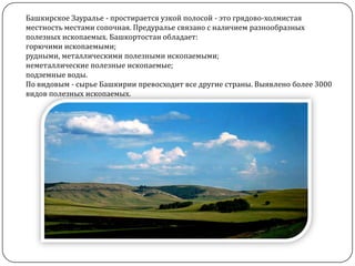 Башкирское Зауралье - простирается узкой полосой - это грядово-холмистая
местность местами сопочная. Предуралье связано с наличием разнообразных
полезных ископаемых. Башкортостан обладает:
горючими ископаемыми;
рудными, металлическими полезными ископаемыми;
неметаллические полезные ископаемые;
подземные воды.
По видовым - сырье Башкирии превосходит все другие страны. Выявлено более 3000
видов полезных ископаемых.

 