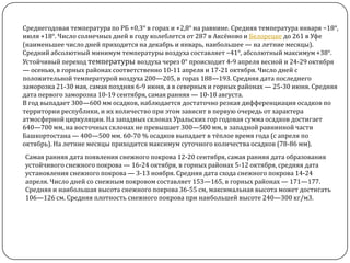 Среднегодовая температура по РБ +0,3° в горах и +2,8° на равнине. Средняя температура января −18°,
июля +18°. Число солнечных дней в году колеблется от 287 в Аксёново и Белорецке до 261 в Уфе
(наименьшее число дней приходится на декабрь и январь, наибольшее — на летние месяцы).
Средний абсолютный минимум температуры воздуха составляет −41°, абсолютный максимум +38°.
Устойчивый переход температуры воздуха через 0° происходит 4-9 апреля весной и 24-29 октября
— осенью, в горных районах соответственно 10-11 апреля и 17-21 октября. Число дней с
положительной температурой воздуха 200—205, в горах 188—193. Средняя дата последнего
заморозка 21-30 мая, самая поздняя 6-9 июня, а в северных и горных районах — 25-30 июня. Средняя
дата первого заморозка 10-19 сентября, самая ранняя — 10-18 августа.
В год выпадает 300—600 мм осадков, наблюдается достаточно резкая дифференциация осадков по
территории республики, и их количество при этом зависит в первую очередь от характера
атмосферной циркуляции. На западных склонах Уральских гор годовая сумма осадков достигает
640—700 мм, на восточных склонах не превышает 300—500 мм, в западной равнинной части
Башкортостана — 400—500 мм. 60-70 % осадков выпадает в тёплое время года (с апреля по
октябрь). На летние месяцы приходится максимум суточного количества осадков (78-86 мм).
Самая ранняя дата появления снежного покрова 12-20 сентября, самая ранняя дата образования
устойчивого снежного покрова — 16-24 октября, в горных районах 5-12 октября, средняя дата
установления снежного покрова — 3-13 ноября. Средняя дата схода снежного покрова 14-24
апреля. Число дней со снежным покровом составляет 153—165, в горных районах — 171—177.
Средняя и наибольшая высота снежного покрова 36-55 см, максимальная высота может достигать
106—126 см. Средняя плотность снежного покрова при наибольшей высоте 240—300 кг/м3.

 