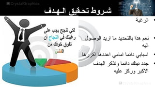 ‫شـروط تحـقيق الـهـدف‬

‫• الرغبة‬

‫• نعم هذا بالتحديد ما اريد الوصول‬
‫اليه‬
‫• اسبابي دائما امامي اعددها اكررها‬
‫• جدد نيتك دائما وتذكر الهدف‬
‫الكبر وركز عليه‬

 