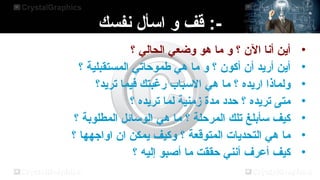 ‫: قف و اسأل نفسك‬‫•‬
‫•‬
‫•‬
‫•‬
‫•‬
‫•‬
‫•‬

‫أين أنا ال ن ؟ و ما هو وضعي الحالي ؟‬
‫أين أريد أ ن أكو ن ؟ و ما هي طموحاتي المستقبلية ؟‬
‫ولماذا اريده ؟ ما هي السباب رغبتك فيما تريد؟‬
‫متى تريده ؟ حدد مدة زمنية لما تريده ؟‬
‫كيف سأبلغ تلك المرحلة ؟ ما هي الوسائل المطلوبة ؟‬
‫ما هي التحديات المتوقعة ؟ وكيف يمكن ا ن اواجهها ؟‬
‫كيف أعرف أنني حققت ما أصبو إليه ؟‬

 