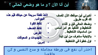 ‫أين أنا ال ن ؟ و ما هو وضعي الحالي ؟‬
‫•‬
‫•‬
‫•‬
‫•‬

‫أخبرني أين موقعك ال ن لصف‬
‫لك أقرب طريق.‬
‫وضعك الحالي قبل و أثناء‬
‫التخطيط و التنفيذ هو أمر أساس‬
‫من أساسيات التخطيط .‬
‫بالجابة ستعرف من أين تبدأ‬
‫اول خطوة في التخطيط‬

‫لخذ لقطة سريعة عن حياتك قي م هذه‬
‫مّ‬
‫الجوانب.‬
‫•‬
‫نقاط القوة‬
‫•‬
‫نقاط الضعف‬
‫•‬
‫الفرص‬
‫•‬
‫التهديدات و المعوقات‬
‫• تمرين‬

‫احذر أن تقع في ورطة مجاملة و مدح النفس و كن‬

 