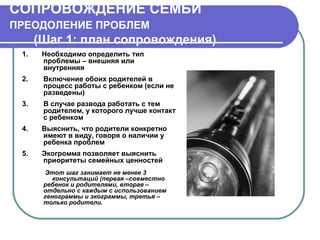 СОПРОВОЖДЕНИЕ СЕМЬИ
ПРЕОДОЛЕНИЕ ПРОБЛЕМ

(Шаг 1: план сопровождения)
1.

Необходимо определить тип
проблемы – внешняя или
внутренняя

2.

Включение обоих родителей в
процесс работы с ребенком (если не
разведены)

3.

В случае развода работать с тем
родителем, у которого лучше контакт
с ребенком

4.

Выяснить, что родители конкретно
имеют в виду, говоря о наличии у
ребенка проблем

5.

Экогромма позволяет выяснить
приоритеты семейных ценностей
Этот шаг занимает не менее 3
консультаций (первая –совместно
ребенок и родителями, вторая –
отдельно с каждым с использованием
генограммы и экограммы, третья –
только родители.

 