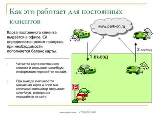 Как это работает для постоянных
клиентов
www.park-on.ru
Карта постоянного клиента
выдаётся в офисе. Ей
определяется режим пропуска,
при необходимости
пополняется баланс карты.

2 выезд

1 въезд
1.

Читается карта постоянного
клиента и открывает шлагбаум,
информация передаётся на сайт.

2.

При выезде считывается
магнитная карта и если она
оплачена компьютер открывает
шлагбаум, инфорация
передаётся на сайт.

www.park-on.ru

+7(926)752-2851

 