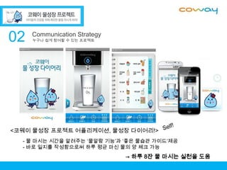 02

<코웨이 물성장 프로젝트 어플리케이션, 물성장 다이어리!>
- 물 마시는 시간을 알려주는 ‘물알람 기능’과 ‘좋은 물습관 가이드’제공
- 바로 일지를 작성함으로써 하루 평균 마신 물의 양 체크 가능

→ 하루 8잔 물 마시는 실천을 도움

 