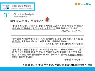 01
매일 마시는 물이 부족하면?
“물이 우리 신진대사의 핵심, 물을 마시지 않으면 키가 매우 작아질 수 있으며
뇌의 기능이 떨어지고 잦은 기분과 성격의 변화 등을 겪을 수 있습니다.”
(박민수, 가정의학 박사)
“중학생의 시기는 빠른 성장의 시기, 노폐물이 많이 쌓이게 되면 피부가 안 좋
아 집니다.물을 많이 마셔서 노폐물을 빨리 배출해야 됩니다.”
(서재돈, 피부 전문의&성형외과 전문의)
“성장기 청소년들이 물을 많이 마시지 않으면 대사가 제대로 이루어지지 않
아 키 성장에 방해를 받을 수 있고 지방이 분해되지 못해 비만의 원인이 되기
도 합니다. 또한 뇌로 혈액순환이 제대로 이루어지지 않으면 학습능력 저하의
원인이 되기도 합니다.”
(정우철, 의료전문가)

-> 매일 마시는 물이 부족하면, 자라나는 청소년들의 건강에 적신호

 