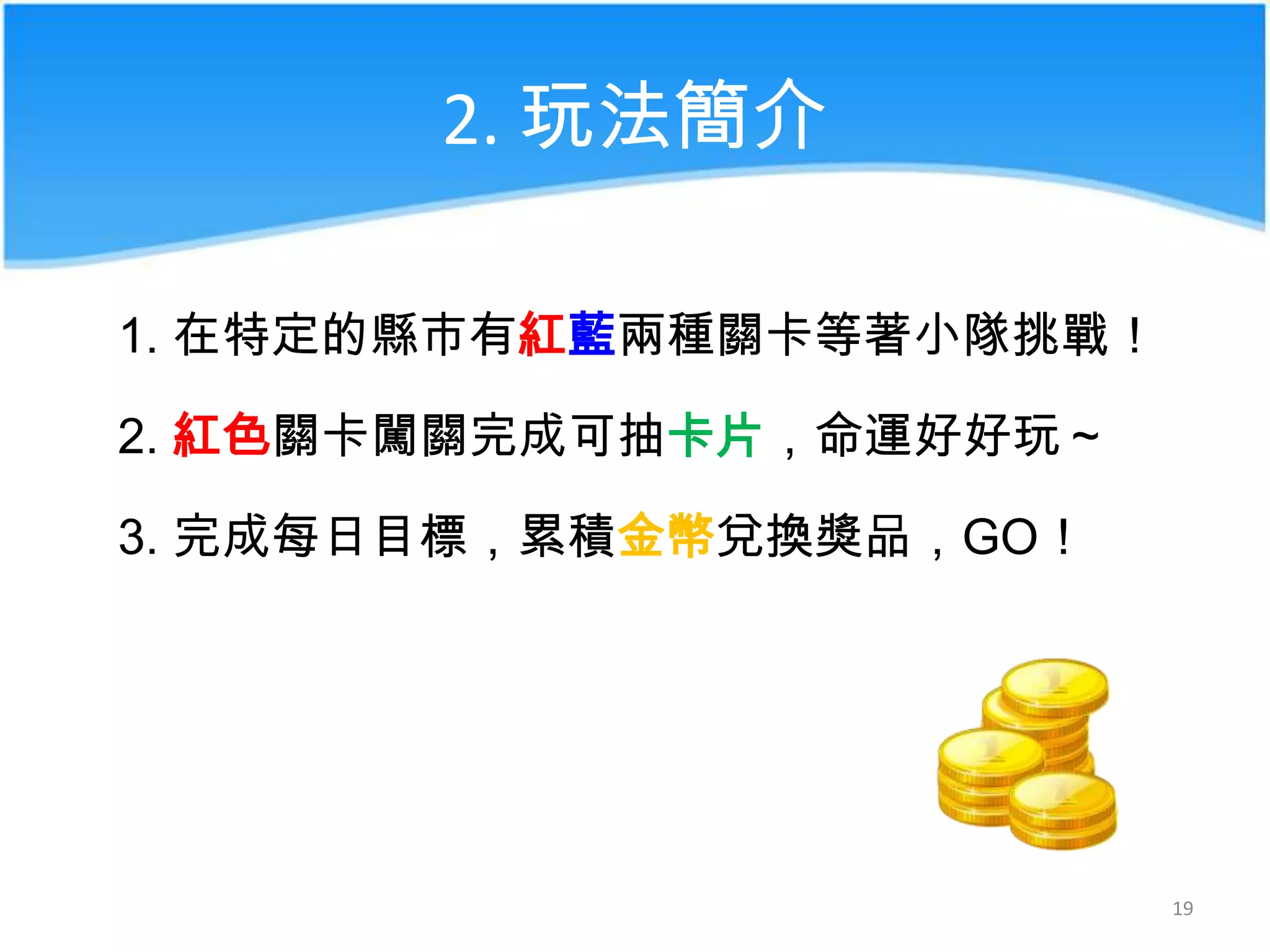 2. 玩法簡介
1. 在特定的縣市有紅藍兩種關卡等著小隊挑戰！
2. 紅色關卡闖關完成可抽卡片，命運好好玩～

3. 完成每日目標，累積金幣兌換獎品，GO！

19

 