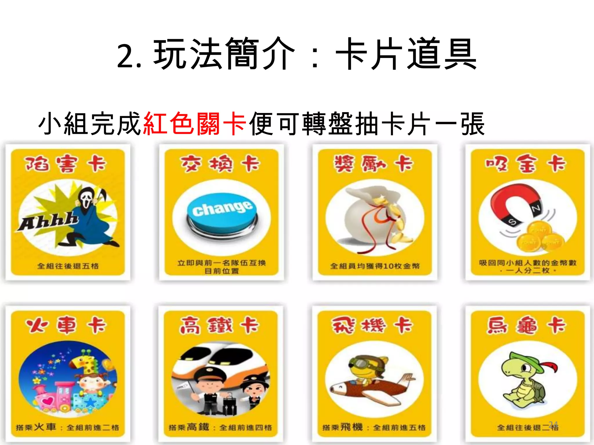 2. 玩法簡介：卡片道具
小組完成紅色關卡便可轉盤抽卡片一張

24

 