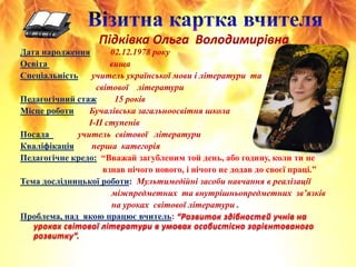Підківка Ольга Володимирівна

Дата народження
02.12.1978 року
Освіта
вища
Спеціальність
учитель української мови і літерат...
