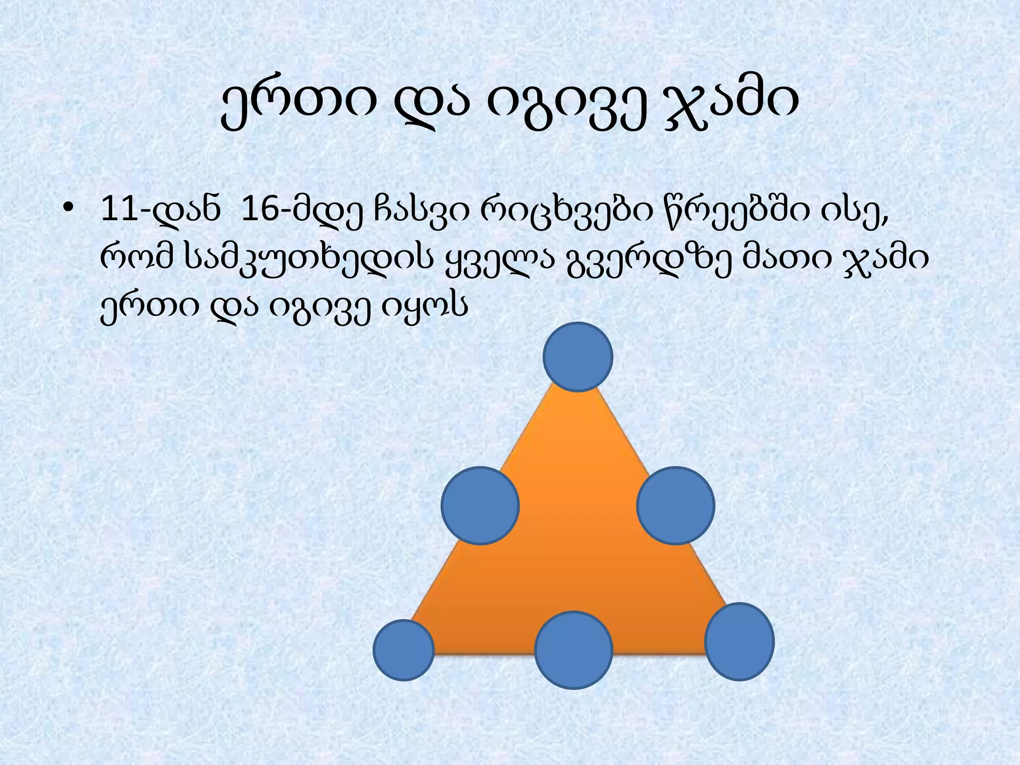 ერთი და იგივე ჯამი
• 11-დან 16-მდე ჩასვი რიცხვები წრეებში ისე,
რომ სამკუთხედის ყველა გვერდზე მათი ჯამი
ერთი და იგივე იყოს

 