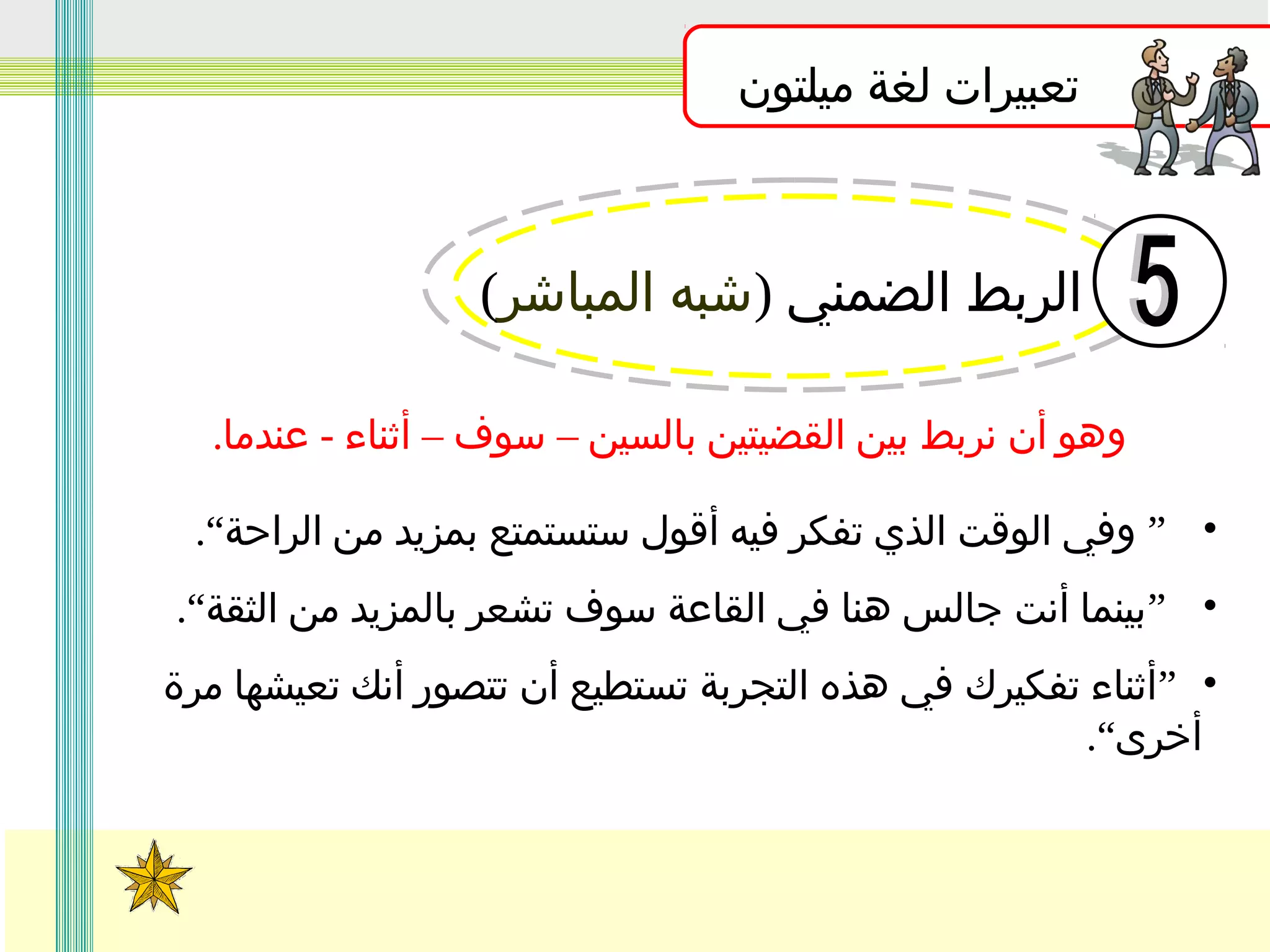 ‫تعبيرات لغة ميلتون‬

‫الربط الضمني )شبه المباشر(‬
‫وهو أن نربط بين القضيتين بالسين – سوف – أثناء - عندما.‬
‫• ” وفي الوقت الذي تفكر فيه أقول ستستمتع بمزيد من الراحة“.‬
‫• ”بينما أنت جالس هنا في القاعة سوف تشعر بالمزيد من الثقة“.‬
‫• ”أثناء تفكيرك في هذه التجربة تستطيع أن تتصور أنك تعيشها مرة‬
‫أخرى“.‬

 