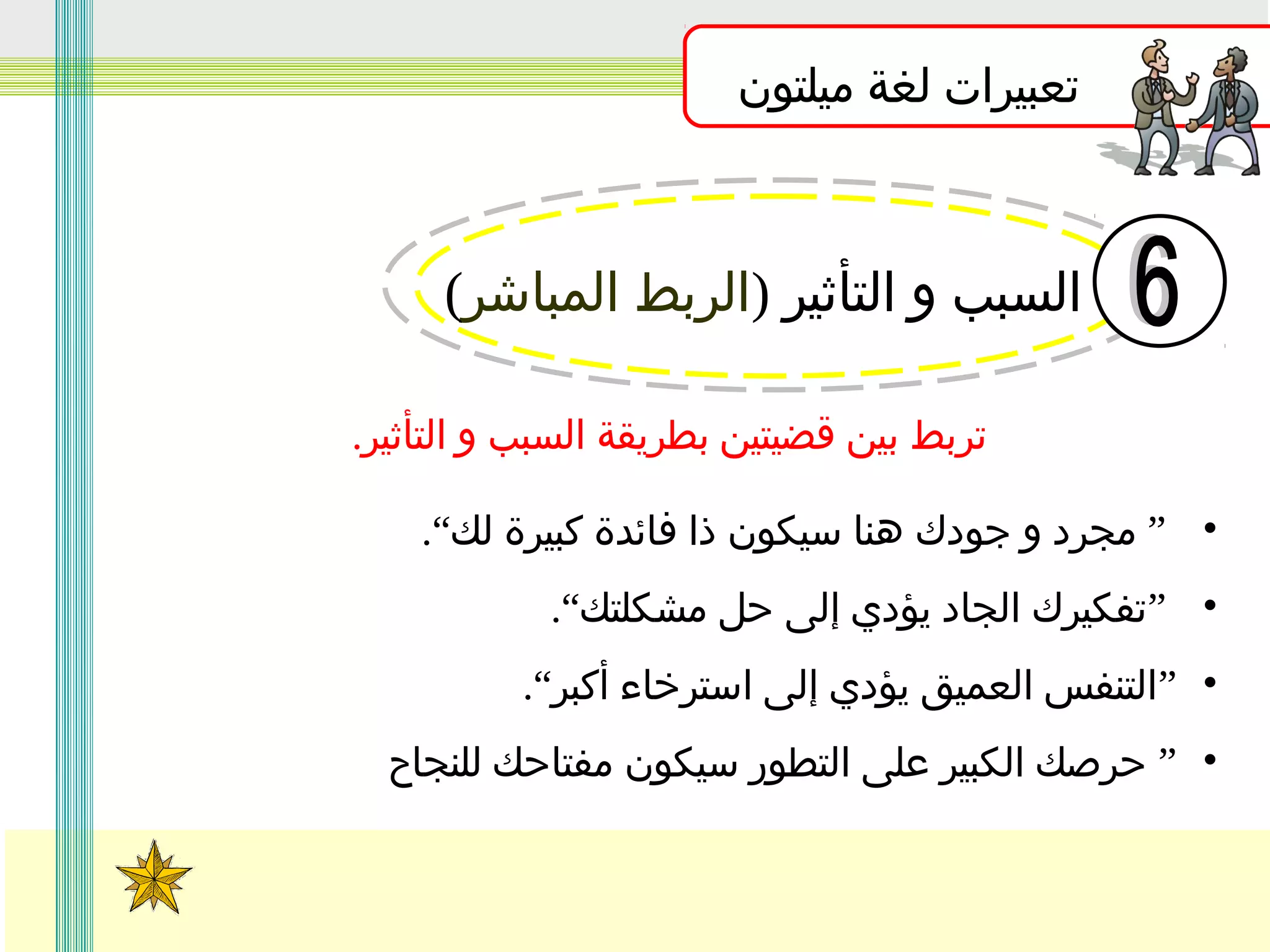 ‫تعبيرات لغة ميلتون‬

‫السبب و التأثير )الربط المباشر(‬
‫تربط بين قضيتين بطريقة السبب و التأثير.‬
‫• ” مجرد و جودك هنا سيكون ذا فائدة كبيرة لك“.‬
‫• ”تفكيرك الجاد يؤدي إلى حل مشكلتك“.‬
‫• ”التنفس العميق يؤدي إلى استرخاء أكبر“.‬
‫• ” حرصك الكبير على التطور سيكون مفتاحك للنجاح‬

 