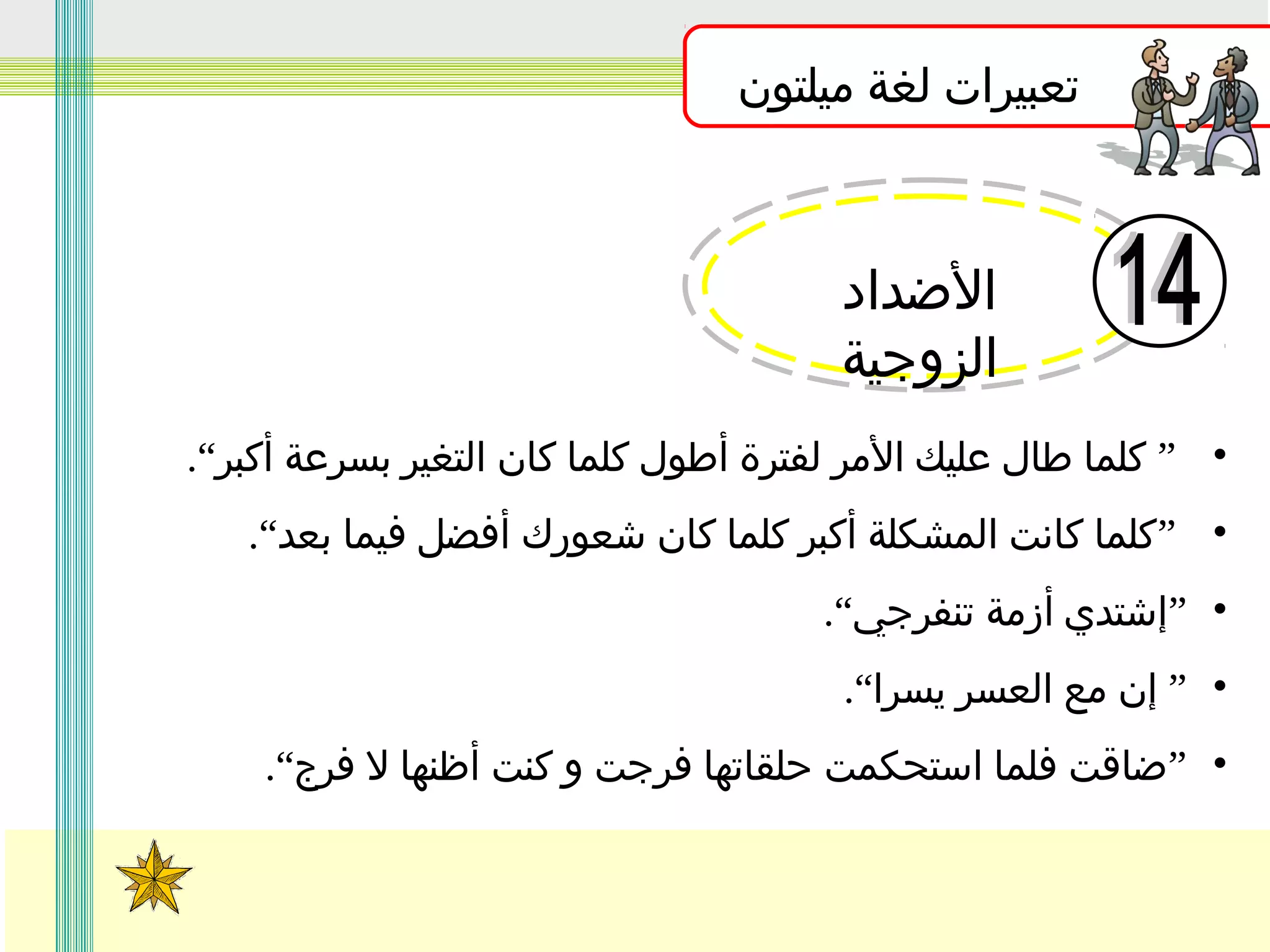 ‫تعبيرات لغة ميلتون‬

‫الضداد‬
‫الزوجية‬
‫• ” كلما طال عليك المر لفترة أطول كلما كان التغير بسرعة أكبر“.‬
‫• ”كلما كانت المشكلة أكبر كلما كان شعورك أفضل فيما بعد“.‬
‫• ”إشتدي أزمة تنفرجي“.‬
‫• ” إن مع العسر يسرا“.‬
‫• ”ضاقت فلما استحكمت حلقاتها فرجت و كنت أظنها ل فرج“.‬

 