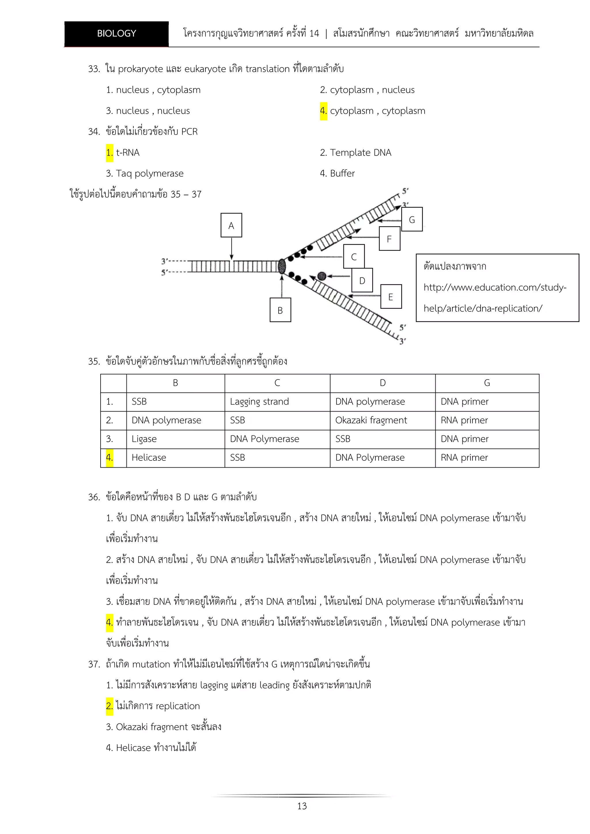 BIOLOGY

โครงการกุญแจวิทยาศาสตร ครั้งที่ 14 | สโมสรนักศึกษา คณะวิทยาศาสตร มหาวิทยาลัยมหิดล

33. ใน prokaryote และ eukaryote เกิด translation ที่ใดตามลําดับ
1. nucleus , cytoplasm

2. cytoplasm , nucleus

3. nucleus , nucleus

4. cytoplasm , cytoplasm

34. ขอใดไมเกี่ยวของกับ PCR
1. t-RNA
3. Taq polymerase

2. Template DNA
4. Buffer

ใชรูปตอไปนี้ตอบคําถามขอ 35 – 37
G

A

F
C
D
B

ดัดแปลงภาพจาก
E

http://www.education.com/studyhelp/article/dna-replication/

35. ขอใดจับคูตัวอักษรในภาพกับชื่อสิงที่ลูกศรชี้ถูกตอง
่
B
1.
2.
3.
4.

SSB
DNA polymerase
Ligase
Helicase

C
Lagging strand
SSB
DNA Polymerase
SSB

D
DNA polymerase
Okazaki fragment
SSB
DNA Polymerase

G
DNA primer
RNA primer
DNA primer
RNA primer

36. ขอใดคือหนาที่ของ B D และ G ตามลําดับ
1. จับ DNA สายเดี่ยว ไมใหสรางพันธะไฮโดรเจนอีก , สราง DNA สายใหม , ใหเอนไซม DNA polymerase เขามาจับ
เพื่อเริ่มทํางาน
2. สราง DNA สายใหม , จับ DNA สายเดี่ยว ไมใหสรางพันธะไฮโดรเจนอีก , ใหเอนไซม DNA polymerase เขามาจับ
เพื่อเริ่มทํางาน
3. เชื่อมสาย DNA ที่ขาดอยูใหติดกัน , สราง DNA สายใหม , ใหเอนไซม DNA polymerase เขามาจับเพื่อเริ่มทํางาน
4. ทําลายพันธะไฮโดรเจน , จับ DNA สายเดียว ไมใหสรางพันธะไฮโดรเจนอีก , ใหเอนไซม DNA polymerase เขามา
่
จับเพื่อเริ่มทํางาน
37. ถาเกิด mutation ทําใหไมมเี อนไซมที่ใชสราง G เหตุการณใดนาจะเกิดขึ้น
1. ไมมีการสังเคราะหสาย lagging แตสาย leading ยังสังเคราะหตามปกติ
2. ไมเกิดการ replication
3. Okazaki fragment จะสั้นลง
4. Helicase ทํางานไมได

13

 
