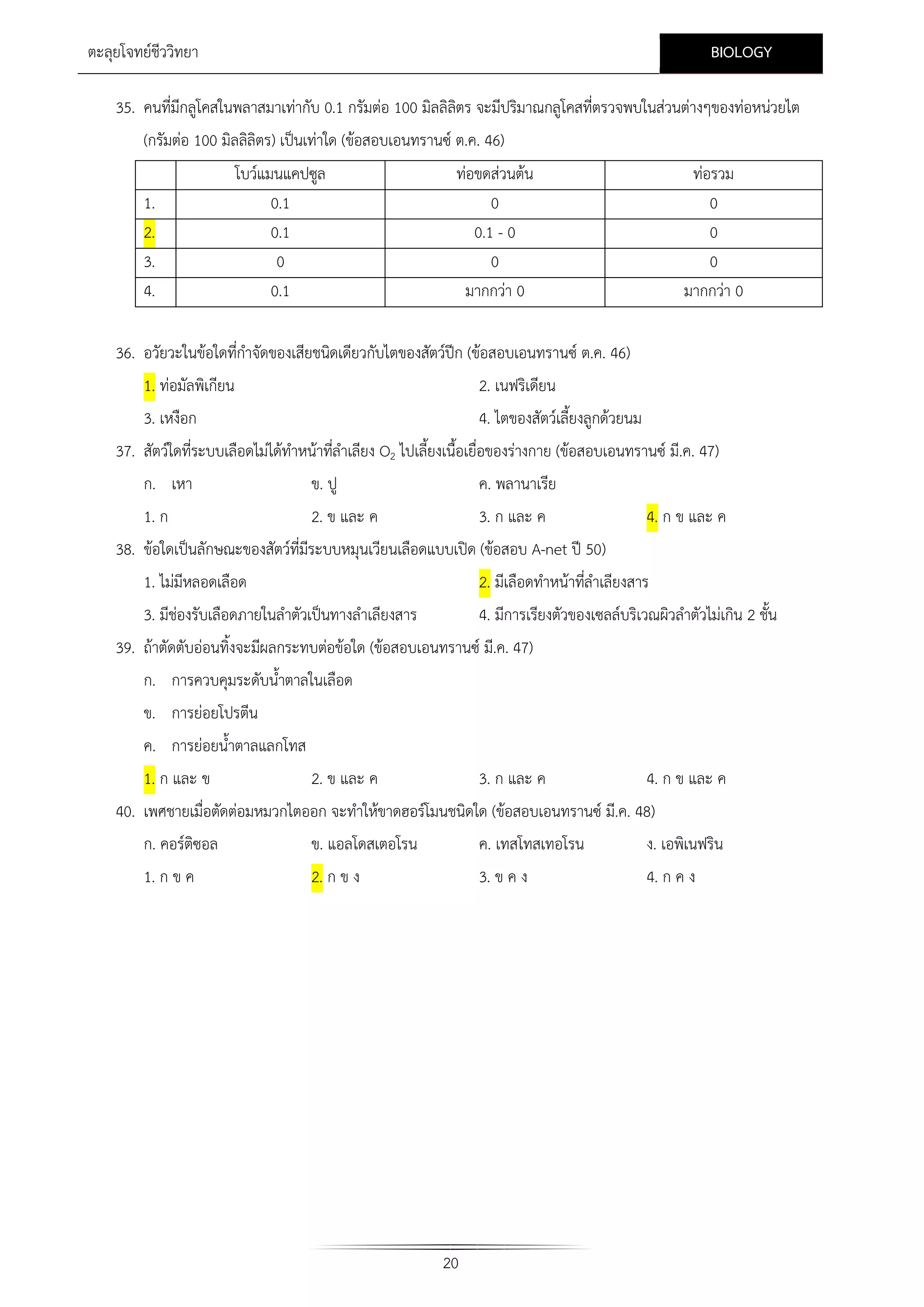 BIOLOGY

ตะลุยโจทยชีววิทยา

35. คนที่มีกลูโคสในพลาสมาเทากับ 0.1 กรัมตอ 100 มิลลิลตร จะมีปริมาณกลูโคสที่ตรวจพบในสวนตางๆของทอหนวยไต
ิ
(กรัมตอ 100 มิลลิลิตร) เปนเทาใด (ขอสอบเอนทรานซ ต.ค. 46)
1.
2.
3.
4.

โบวแมนแคปซูล
0.1
0.1
0
0.1

ทอขดสวนตน
0
0.1 - 0
0
มากกวา 0

ทอรวม
0
0
0
มากกวา 0

36. อวัยวะในขอใดที่กําจัดของเสียชนิดเดียวกับไตของสัตวปก (ขอสอบเอนทรานซ ต.ค. 46)
1. ทอมัลพิเกียน
3. เหงือก

2. เนฟริเดียน
4. ไตของสัตวเลี้ยงลูกดวยนม

37. สัตวใดที่ระบบเลือดไมไดทําหนาทีลําเลียง O2 ไปเลี้ยงเนื้อเยื่อของรางกาย (ขอสอบเอนทรานซ มี.ค. 47)
่
ก. เหา

ข. ปู

ค. พลานาเรีย

1. ก
2. ข และ ค
3. ก และ ค
38. ขอใดเปนลักษณะของสัตวที่มระบบหมุนเวียนเลือดแบบเปด (ขอสอบ A-net ป 50)
ี

4. ก ข และ ค

1. ไมมีหลอดเลือด

2. มีเลือดทําหนาทีลําเลียงสาร
่

3. มีชองรับเลือดภายในลําตัวเปนทางลําเลียงสาร

4. มีการเรียงตัวของเซลลบริเวณผิวลําตัวไมเกิน 2 ชั้น

39. ถาตัดตับออนทิ้งจะมีผลกระทบตอขอใด (ขอสอบเอนทรานซ มี.ค. 47)
ก. การควบคุมระดับน้ําตาลในเลือด
ข. การยอยโปรตีน
ค. การยอยน้ําตาลแลกโทส
1. ก และ ข

2. ข และ ค

3. ก และ ค

4. ก ข และ ค

40. เพศชายเมื่อตัดตอมหมวกไตออก จะทําใหขาดฮอรโมนชนิดใด (ขอสอบเอนทรานซ มี.ค. 48)
ก. คอรติซอล
ข. แอลโดสเตอโรน
ค. เทสโทสเทอโรน
ง. เอพิเนฟริน
1. ก ข ค

2. ก ข ง

3. ข ค ง

20

4. ก ค ง

 