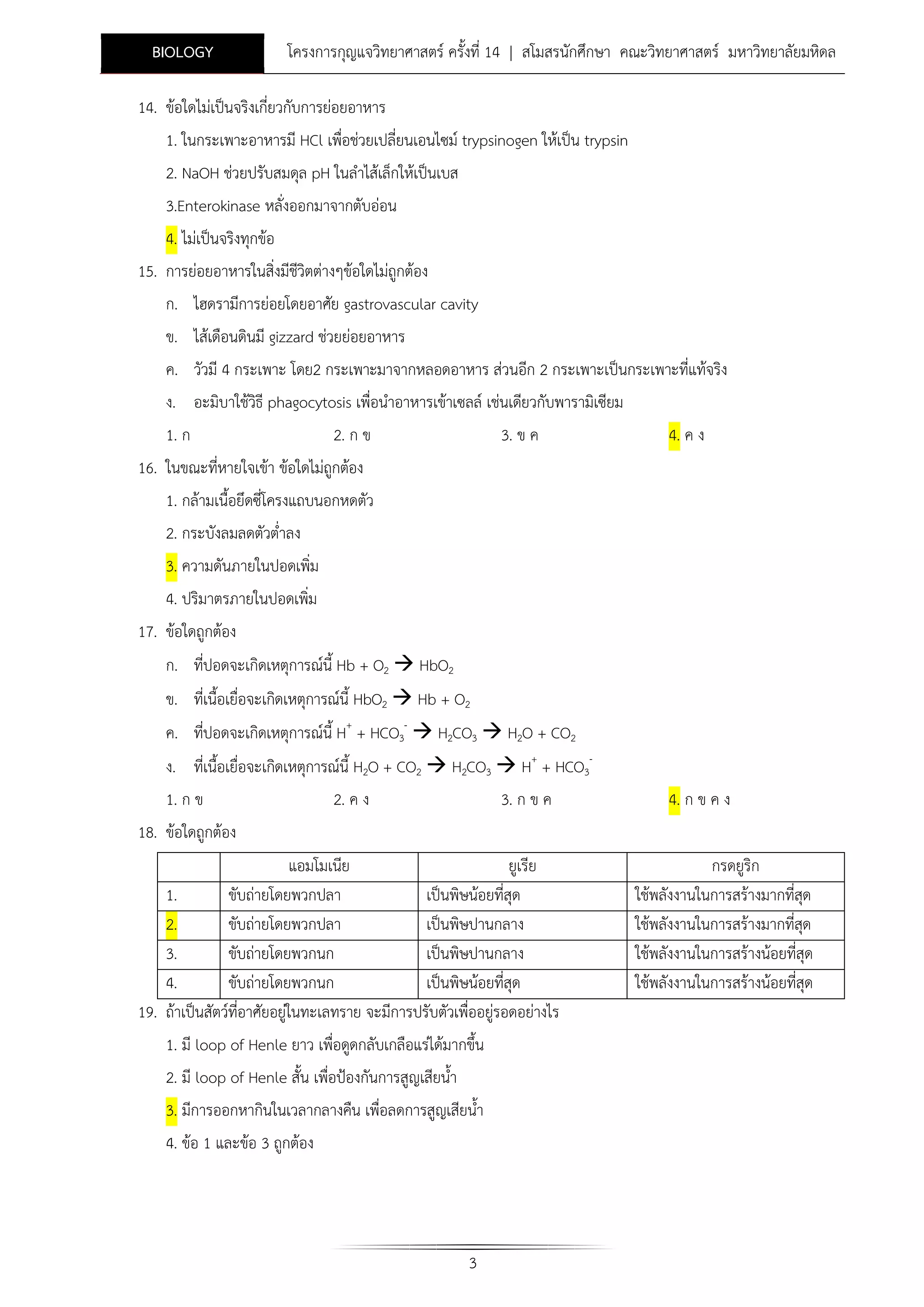 BIOLOGY

โครงการกุญแจวิทยาศาสตร ครั้งที่ 14 | สโมสรนักศึกษา คณะวิทยาศาสตร มหาวิทยาลัยมหิดล

14. ขอใดไมเปนจริงเกี่ยวกับการยอยอาหาร
1. ในกระเพาะอาหารมี HCl เพื่อชวยเปลี่ยนเอนไซม trypsinogen ใหเปน trypsin
2. NaOH ชวยปรับสมดุล pH ในลําไสเล็กใหเปนเบส
3.Enterokinase หลั่งออกมาจากตับออน
4. ไมเปนจริงทุกขอ
15. การยอยอาหารในสิ่งมีชีวิตตางๆขอใดไมถูกตอง
ก. ไฮดรามีการยอยโดยอาศัย gastrovascular cavity
ข. ไสเดือนดินมี gizzard ชวยยอยอาหาร
ค. วัวมี 4 กระเพาะ โดย2 กระเพาะมาจากหลอดอาหาร สวนอีก 2 กระเพาะเปนกระเพาะที่แทจริง
ง. อะมิบาใชวิธี phagocytosis เพื่อนําอาหารเขาเซลล เชนเดียวกับพารามิเซียม
1. ก

2. ก ข

3. ข ค

4. ค ง

16. ในขณะที่หายใจเขา ขอใดไมถูกตอง
1. กลามเนื้อยึดซี่โครงแถบนอกหดตัว
2. กระบังลมลดตัวต่ําลง
3. ความดันภายในปอดเพิ่ม
4. ปริมาตรภายในปอดเพิ่ม
17. ขอใดถูกตอง
ก. ที่ปอดจะเกิดเหตุการณนี้ Hb + O2  HbO2
ข. ที่เนื้อเยื่อจะเกิดเหตุการณนี้ HbO2  Hb + O2
ค. ที่ปอดจะเกิดเหตุการณนี้ H+ + HCO3-  H2CO3  H2O + CO2
ง. ที่เนื้อเยื่อจะเกิดเหตุการณนี้ H2O + CO2  H2CO3  H+ + HCO31. ก ข
2. ค ง
3. ก ข ค

4. ก ข ค ง

18. ขอใดถูกตอง
แอมโมเนีย
ยูเรีย
1.
ขับถายโดยพวกปลา
เปนพิษนอยที่สุด
2.
ขับถายโดยพวกปลา
เปนพิษปานกลาง
3.
ขับถายโดยพวกนก
เปนพิษปานกลาง
4.
ขับถายโดยพวกนก
เปนพิษนอยที่สุด
19. ถาเปนสัตวที่อาศัยอยูในทะเลทราย จะมีการปรับตัวเพื่ออยูรอดอยางไร
1. มี loop of Henle ยาว เพื่อดูดกลับเกลือแรไดมากขึ้น
2. มี loop of Henle สั้น เพื่อปองกันการสูญเสียน้ํา
3. มีการออกหากินในเวลากลางคืน เพื่อลดการสูญเสียน้ํา
4. ขอ 1 และขอ 3 ถูกตอง

3

กรดยูริก
ใชพลังงานในการสรางมากที่สด
ุ
ใชพลังงานในการสรางมากที่สด
ุ
ใชพลังงานในการสรางนอยที่สุด
ใชพลังงานในการสรางนอยที่สุด

 