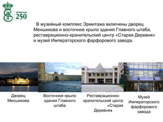 В музейный комплекс Эрмитажа включены дворец
Меншикова и восточное крыло здания Главного штаба,
реставрационно-хранительский центр «Старая Деревня»
и музей Императорского фарфорового завода.

Дворец
Меншикова

Восточное крыло
здания Главного
штаба

Реставрационнохранительский центр
«Старая
Деревня»

Музей
Императорского
фарфорового
завода

 