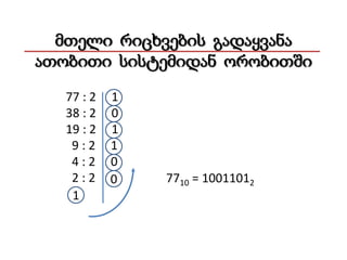 მთელი რიცხვების გადაყვანა
ათობითი სისტემიდან ორობითში
77 : 2
38 : 2
19 : 2
9:2
4:2
2:2
1

1
0
1
1
0
0

7710 = 10011012

 