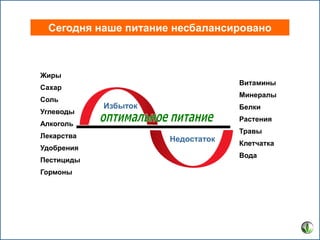 Сегодня наше питание несбалансировано

Жиры

Витамины

Сахар
Соль

Углеводы

Минералы

Избыток

Белки
Растения

Алкоголь
Лекарства
Удобрения

Пестициды
Гормоны

Недостаток

Травы
Клетчатка
Вода

 