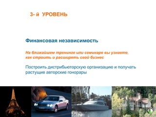 3- й УРОВЕНЬ

Финансовая независимость
На ближайшем тренинге или семинаре вы узнаете,
как строить и расширять свой бизнес

Построить дистрибьюторскую организацию и получать
растущие авторские гонорары

 