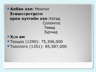 Албан

хэл: Монгол
Зө вшөө рө гдсө н
орон нутгийн хэл:Хятад
Солонгос
Төвөд
Зүрчид
Хү н ам
Тооцоо (1290): 75,306,000
Тооллого (1351): 85,587,000

 