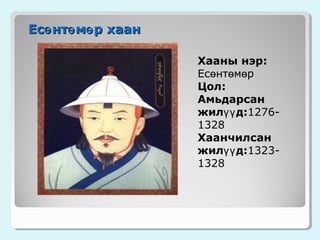 Есө нтө мө р хаан
Хааны нэр:
Есөнтөмөр
Цол:
Амьдарсан
жилүү д:12761328
Хаанчилсан
жилүү д:13231328

 