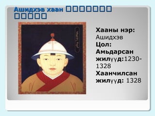 Ашидхэв хаан ᠬᠬᠬᠬᠬᠬᠬ
ᠬᠬᠬᠬᠬ
Хааны нэр:
Ашидхэв
Цол:
Амьдарсан
жилүү д:12301328
Хаанчилсан
жилүү д: 1328

 