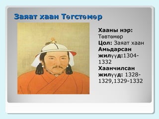 Заяат хаан Тө гстө мө р
Хааны нэр:
Төвтөмөр
Цол: Заяат хаан
Амьдарсан
жилүү д:13041332
Хаанчилсан
жилүү д: 13281329,1329-1332

 