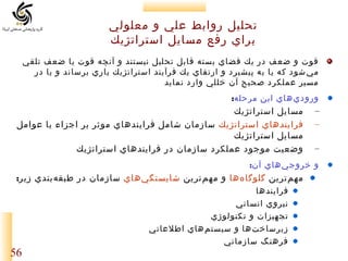 ‫تحليل روانبط علي و معلولي‬
‫نبراي رفع مسايل استراتژيك‬
‫قوت و ضعف در يك فضاي نبسته قانبل تحليل نيستند و آنچه قوت يا ضعف تلقي‬
‫مي شود كه يا نبه پيشبرد و ارتقاي يك فرآيند استراتژيك ياري نبرساند و يا در‬
‫‌‬
‫مسير عملكرد صحيح آن خللي وارد نمايد‬
‫ورودي هاي اين مرحله:‬
‫‌‬

‫–‬
‫–‬
‫–‬

‫مسايل استراتژيك‬
‫فرايندهاي استراتژيك سازمان شامل فرايندهاي موثر نبر اجزاء يا عوامل‬
‫مسايل استراتژيك‬
‫وضعيت موجود عملكرد سازمان در فرايندهاي استراتژيك‬

‫و خروجي هاي آن:‬
‫‌‬

‫مهم ترين گلوگاه ها و مهم ترين شايستگي هاي سازمان در طبقه نبندي زير:‬
‫‌‬
‫‌‬
‫‌‬
‫‌‬
‫‌‬
‫فرايندها‬
‫نيروي انساني‬
‫تجهيزات و تكنولوژي‬
‫زيرساخت ها و سيستم‌ هاي اطلعاتي‬
‫‌‬
‫فرهنگ سازماني‬

‫65‬

 