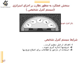 ‫سنجش عملكرد به منظور نظارت بر اجراي استراتژي‬
‫)سيستم كنترل تشخيصي (‬

‫پانل كنترل خودرو‬

‫شرايط سيستم كنترل تشخيص‬
‫1- اهداف از قبل تنظيم گردند .‬
‫2- خروجيها اندازه گيري شوند .‬
‫3- استفاده از بازخور و اطلعات براي اصلح وروديها‬

‫76‬

 