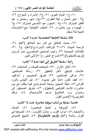 ‫اﻟﺨﺎﺗﻤﺔ: ﻗﻮاﻋﺪ اﻟﻨﺼﺮ اﻹﻟﮭﻰ ) ٤٥١ (‬

‫‪‬‬

‫٠٢- ج١: اﻟﻤﻮﻟﺪ اﻟﻨﺒﻮى. ١٢- ج٢: اﻹﺳﺮاء و اﻟﻤﻌﺮاج. ٢٢-‬
‫ج٣ : ﺷﮭﺮ ﺷﻌﺒﺎن و ﻟﯿﻠﺔ اﻟﻐﻔﺮان، ٣٢-ج٤: ﺷﮭﺮ رﻣﻀﺎن و ﻋﯿﺪ‬
‫اﻟﻔﻄﺮ اﻟﻤﺒﺎرك. ٤٢- ج٥ : اﻟﺤﺞ و ﻋﯿﺪ اﻷﺿﺤﻰ اﻟﻤﺒﺎرك. ٥٢- ج٦‬
‫: اﻟﮭﺠﺮة و ﯾﻮم ﻋﺎﺷﻮراء. ٦٢- اﻟﺨﻄﺐ اﻹﻟﮭﺎﻣﯿﺔ :ﻣﺞ١:اﻟﻤﻨﺎﺳﺒﺎت‬
‫اﻟﺪﯾﻨﯿﺔ ط٢،ﻣﺠﻠﺪ.‬
‫‪ ‬‬
‫٧٢- ﺣﺪﯾﺚ اﻟﺤﻘﺎﺋﻖ ﻋﻦ ﻗﺪر ﺳﯿﺪ اﻟﺨﻼﺋﻖ )٣ط(. ٨٢-‬
‫اﻟﺮﺣﻤﺔ اﻟﻤﮭﺪاة. ٩٢-٠٣ إﺷﺮاﻗﺎت اﻹﺳﺮاء:ج١)٢ط(، ج٢. ١٣-‬
‫اﻟﻜﻤﺎﻻت اﻟﻤﺤﻤﺪﯾﺔ ٢٣- واﺟﺐ اﻟﻤﺴﻠﻤﯿﻦ اﻟﻤﻌﺎﺻﺮﯾﻦ ﻧﺤﻮ اﻟﺮﺳﻮل‬
‫)ﺗﺮﺟﻢ ﻟﻺﻧﺠﻠﯿﺰﯾﺔ(.٣٣-اﻟﺴﺮاج اﻟﻤﻨﯿﺮ.، )٠٧( ﺛﺎﻧﻰ اﺛﻨﯿﻦ.‬
‫‪ ‬‬
‫٤٣- أذﻛﺎر اﻷﺑﺮار. ٥٣- اﻟﻤﺠﺎھﺪة ﻟﻠﺼﻔﺎء و اﻟﻤﺸﺎھﺪة. ٦٣-‬
‫ﻋﻼﻣﺎت اﻟﺘﻮﻓﯿﻖ ﻷھﻞ اﻟﺘﺤﻘﯿﻖ. ٧٣- رﺳﺎﻟﺔ اﻟﺼﺎﻟﺤﯿﻦ.‬
‫٨٣- ﻣﺮاﻗﻰ اﻟﺼﺎﻟﺤﯿﻦ. ٩٣- ﻃﺮﯾﻖ اﻟﻤﺤﺒﻮﺑﯿﻦ و أذواﻗﮭﻢ.‬
‫٠٤- ﻛﯿﻒ ﺗﻜﻮن داﻋﯿً ﻋﻠﻰ ﺑﺼﯿﺮة. ١٤- ﻧﯿﻞ اﻟﺘﮭﺎﻧﻰ ﺑﺎﻟﻮرد‬
‫ﺎ‬
‫اﻟﻘﺮآﻧﻰ.٢٤- ﺗﺤﻔﺔ اﻟﻤﺤﺒﯿﻦ وﻣﻨﺤﺔ اﻟﻤﺴﺘﺮﺷﺪﯾﻦ ﻓﯿﻤﺎ ﯾﻄﻠﺐ ﻓﻰ ﯾﻮم‬
‫ﻋﺎﺷﻮراء ﻟﻺﻣﺎم اﻟﻘﺎوﻗﺠﻰ )ﺗﺤﻘﯿﻖ(.، ٣٤- ﻃﺮﯾﻖ اﻟﺼﺪﯾﻘﯿﻦ إﻟﻰ‬
‫رﺿﻮان رب اﻟﻌﺎﻟﻤﯿﻦ) ﺗﺮﺟﻢ ﻟﻸﻧﺪوﻧﺴﯿﺔ(. ٤٤- ﻧﻮاﻓﻞ‬
‫اﻟﻤﻘﺮﺑﯿﻦ.)٤٦(أﺣﺴﻦ اﻟﻘﻮل.‬
‫‪ ‬‬
‫٥٤- اﻟﺼﻮﻓﯿﺔ و اﻟﺤﯿﺎة اﻟﻤﻌﺎﺻﺮة. ٦٤- اﻟﺼﻔﺎء‬
‫واﻷﺻﻔﯿﺎء.٧٤- أﺑﻮاب اﻟﻘﺮب و ﻣﻨﺎزل اﻟﺘﻘﺮﯾﺐ.، ٨٤- اﻟﺼﻮﻓﯿﺔ ﻓﻰ‬
‫اﻟﻘﺮآن واﻟﺴﻨﺔ )٢ط( )ﺗﺮﺟﻢ ﻟﻺﻧﺠﻠﯿﺰﯾﺔ(. ٩٤- اﻟﻤﻨﮭﺞ اﻟﺼﻮﻓﻰ‬

‫‪‬‬
‫اﻟﺸﯿﺦ ﻓﻮزى ﻣﺤﻤﺪ أﺑﻮزﯾﺪ‬

‫اﻟﻜﺘﺎب اﻟﺴﺒﻌﻮن‬

‫‪PDF created with pdfFactory Pro trial version www.pdffactory.com‬‬

 