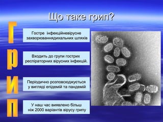 Що таке грип?
Гостре інфекційневірусне
захворюваннядихальних шляхів

Входить до групи гострих
респіраторних вірусних інфекцій.

Періодично розповсюджується
у вигляді епідемій та пандемій

У наш час виявлено більш
ніж 2000 варіантів вірусу грипу

 