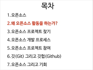 목차
1.오픈소스
2.왜 오픈소스 활동을 하는가?
3.오픈소스 프로젝트 찾기
4.오픈소스 개발 프로세스
5.오픈소스 프로젝트 참여
6.깃(Git) 그리고 깃헙(Github)
7.오픈소스 그리고 기회

 