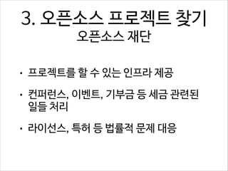 3. 오픈소스 프로젝트 찾기  
오픈소스 재단
•

프로젝트를 할 수 있는 인프라 제공

•

컨퍼런스, 이벤트, 기부금 등 세금 관련된
일들 처리

•

라이선스, 특허 등 법률적 문제 대응

 