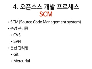 4. 오픈소스 개발 프로세스
SCM
• SCM(Source Code Management system)
• 중앙 관리형
• CVS
• SVN
• 분산 관리형
• Git
• Mercurial

 