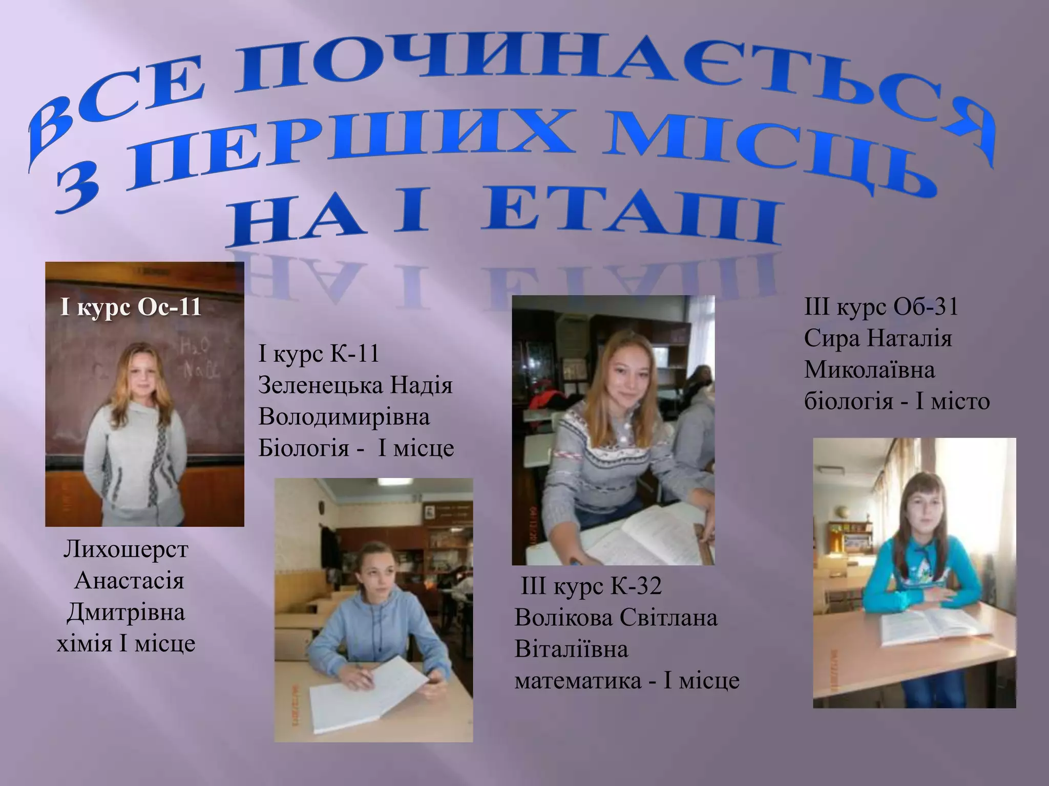 ІІІ курс Об-31
Сира Наталія
Миколаївна
біологія - І місто

І курс Ос-11
І курс К-11
Зеленецька Надія
Володимирівна
Біологія - І місце

Лихошерст
Анастасія
Дмитрівна
хімія І місце

ІІІ курс К-32
Волікова Світлана
Віталіївна
математика - І місце

 