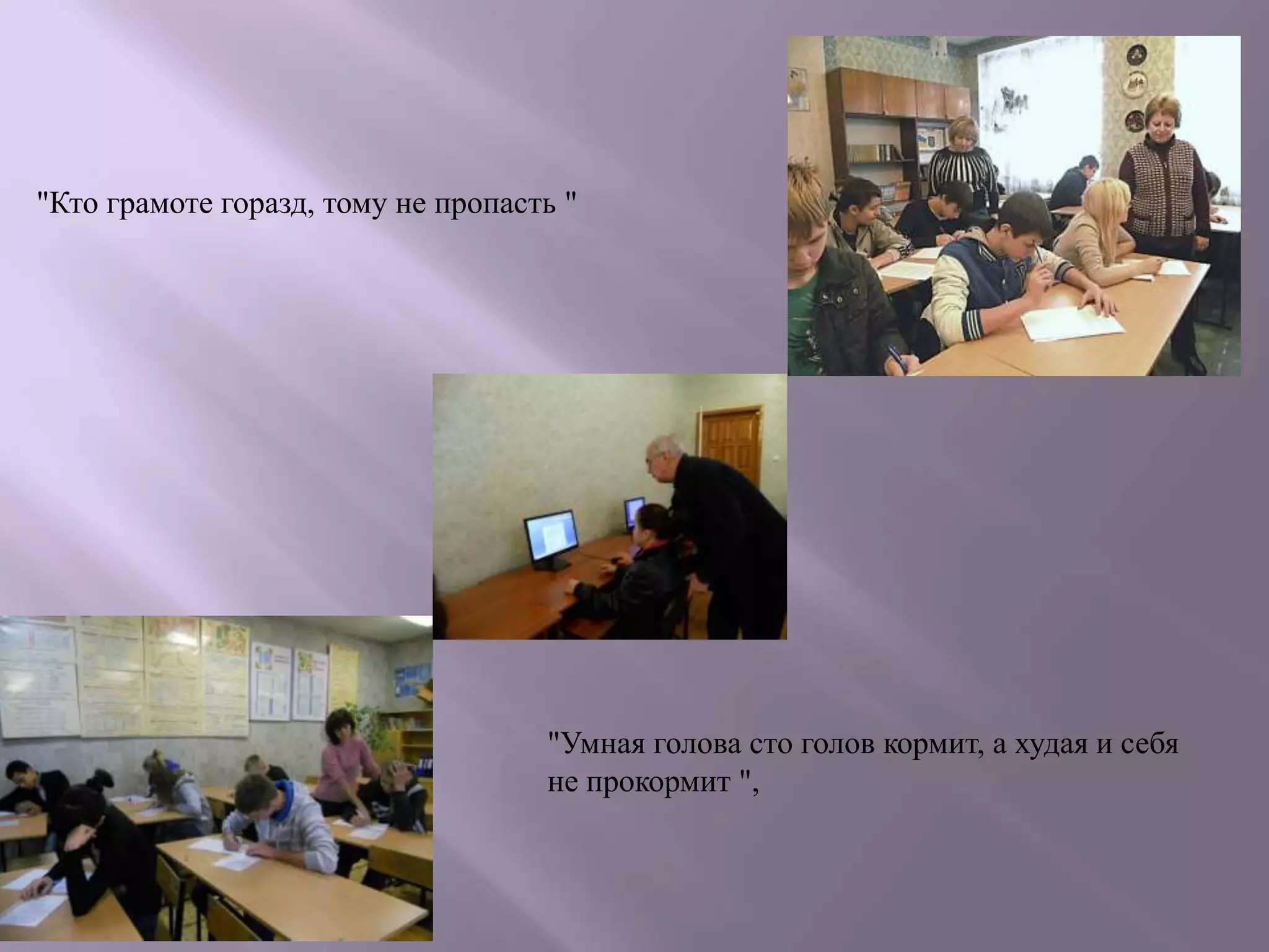 "Кто грамоте горазд, тому не пропасть "

"Умная голова сто голов кормит, а худая и себя
не прокормит ",

 