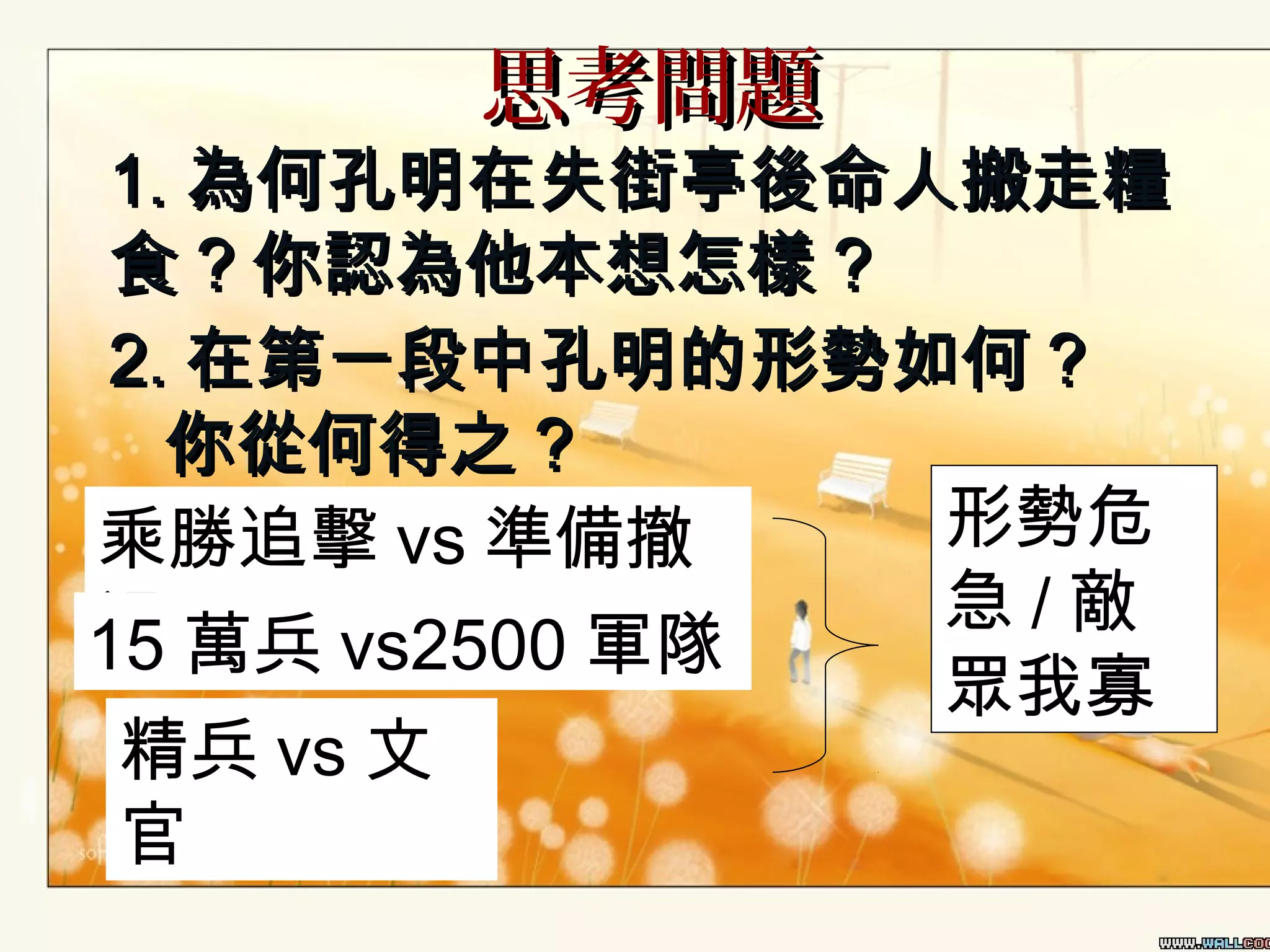 思考問題

1. 為何孔明在失街亭後命人搬走糧
食 ? 你認為他本想怎樣 ?
2. 在第一段中孔明的形勢如何 ?
你從何得之 ?
形勢危
乘勝追擊 vs 準備撤
急/敵
退 萬兵 vs2500 軍隊
15
眾我寡
精兵 vs 文
官

 